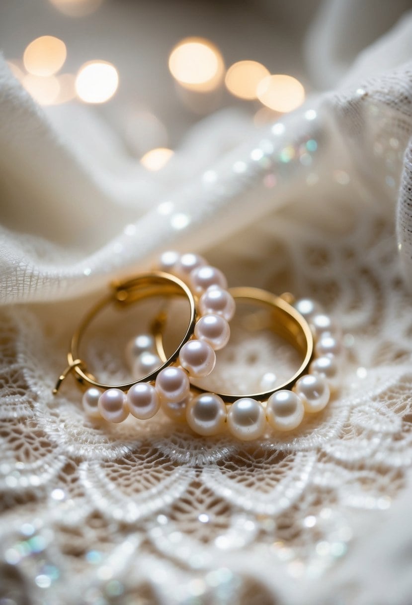 A close-up of classic pearl hoops, surrounded by delicate lace and shimmering with soft, romantic lighting