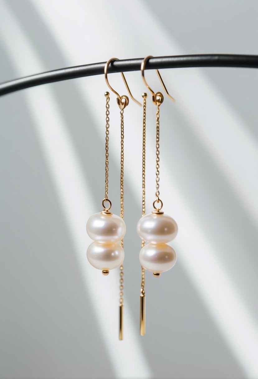 A pair of delicate pearl threader earrings suspended against a clean, white background, casting a subtle shadow