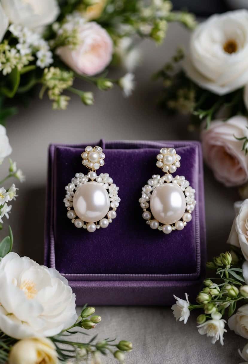 A pair of baroque pearl statement earrings displayed on a velvet cushion, surrounded by delicate floral arrangements