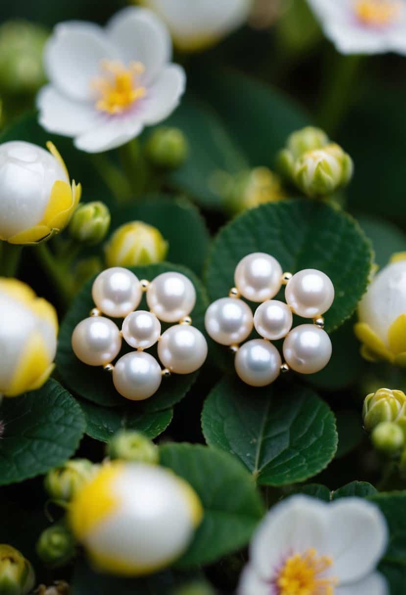 A delicate pair of pearl floral studs, nestled among a bed of fresh blossoms