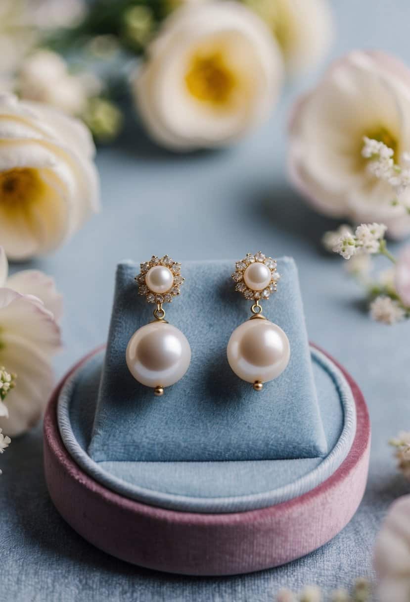 A pair of South Sea pearl earrings displayed on a velvet cushion, surrounded by soft lighting and delicate floral accents