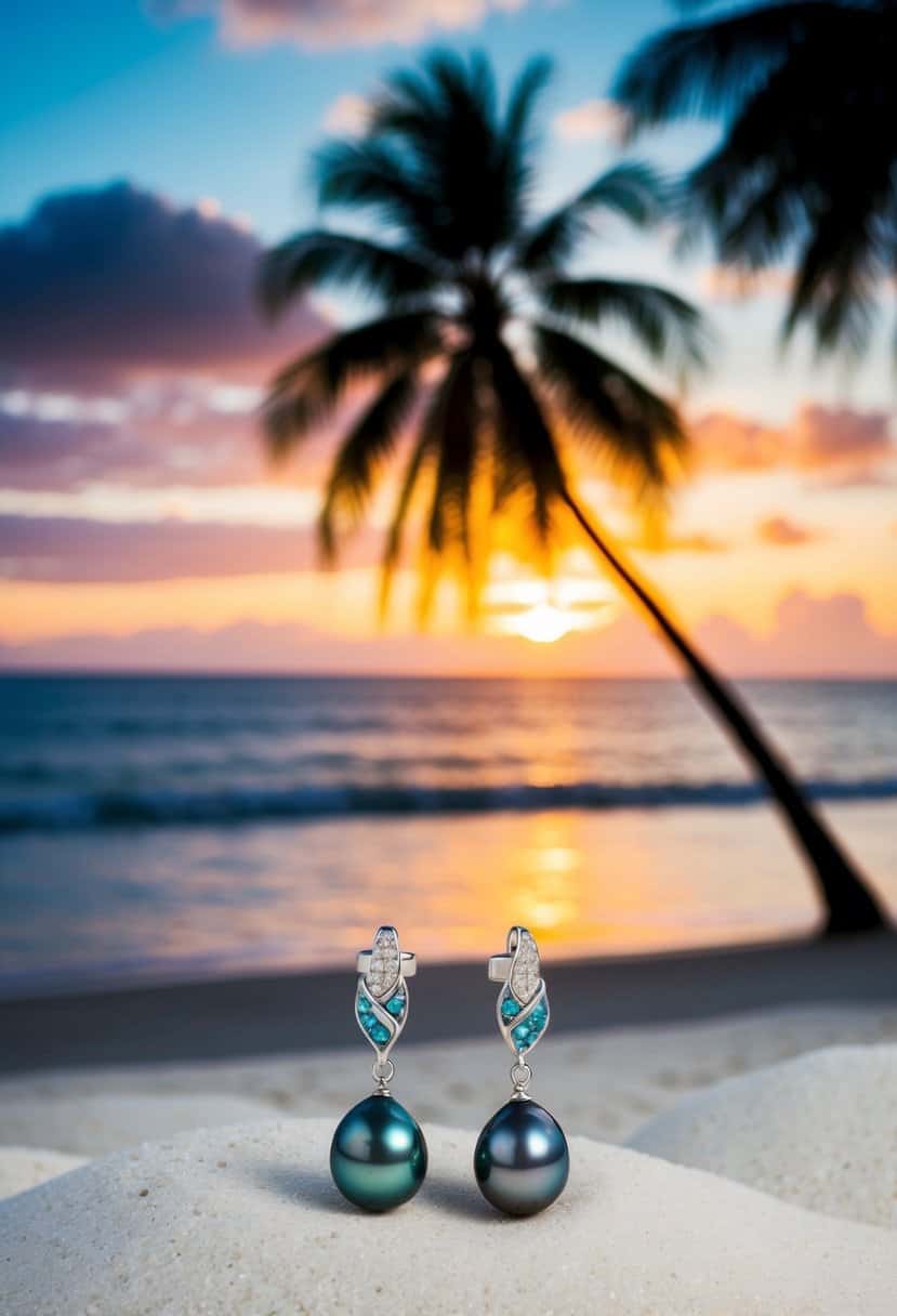 A tropical beach at sunset, with palm trees silhouetted against the colorful sky, and a pair of Tahitian pearl drop earrings resting on a bed of white sand