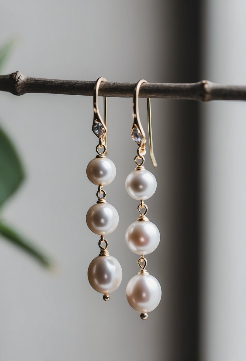 A pair of freshwater pearl climbers dangle from a delicate earring stand, catching the light and showcasing their elegant beauty