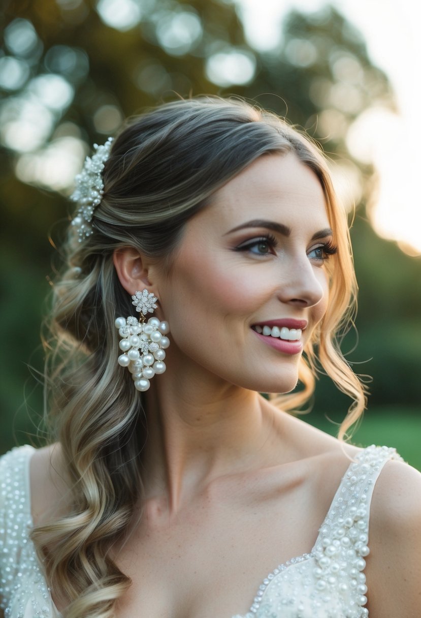 A bride with loose flowing hair wearing pearl cluster chandelier earrings for her wedding