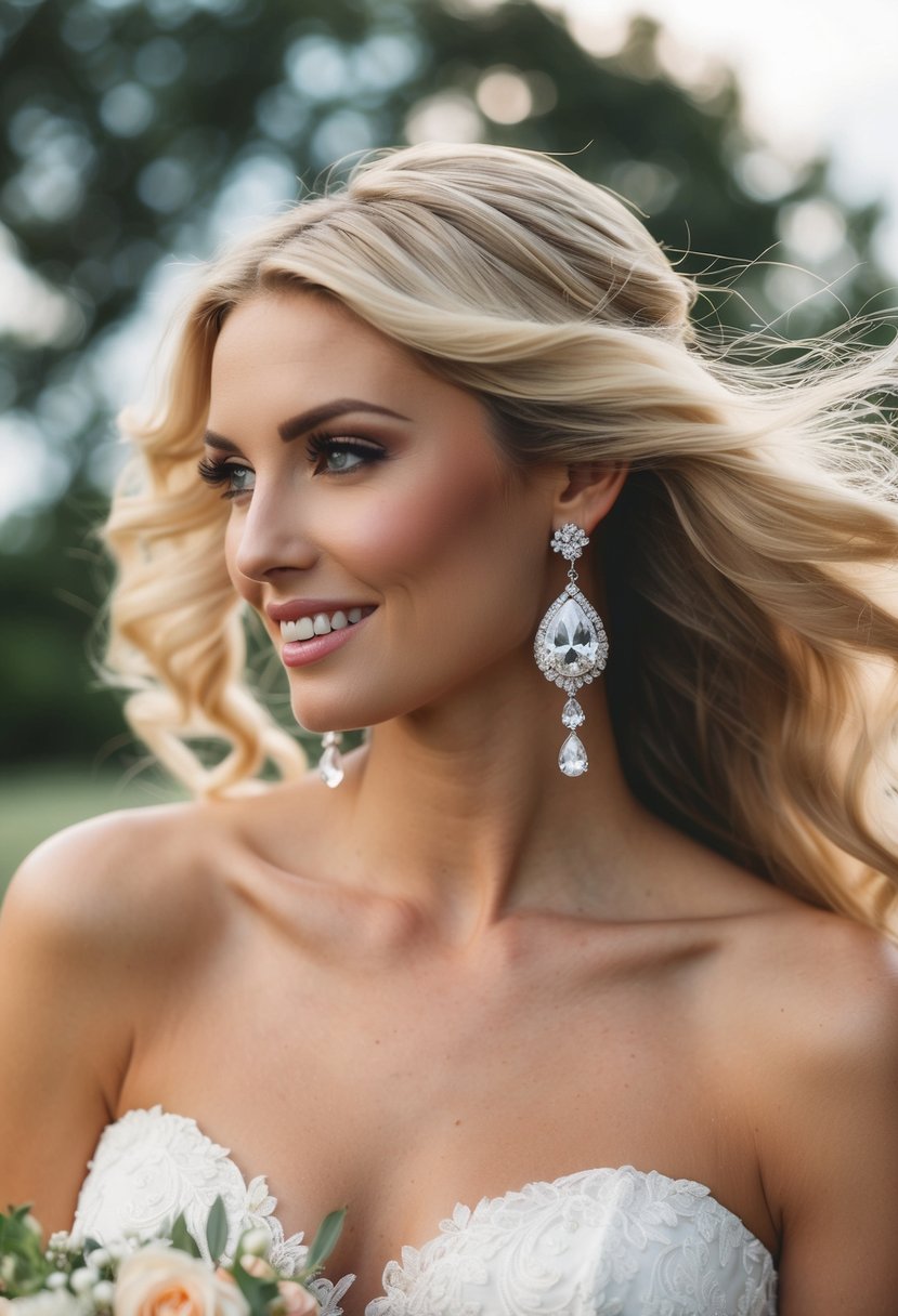 A bride with flowing hair wearing Swarovski crystal drop earrings for her wedding