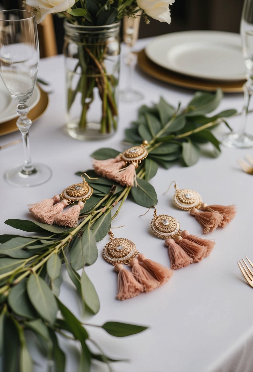 A table adorned with bohemian tassel earrings, scattered with hair down wedding earring ideas