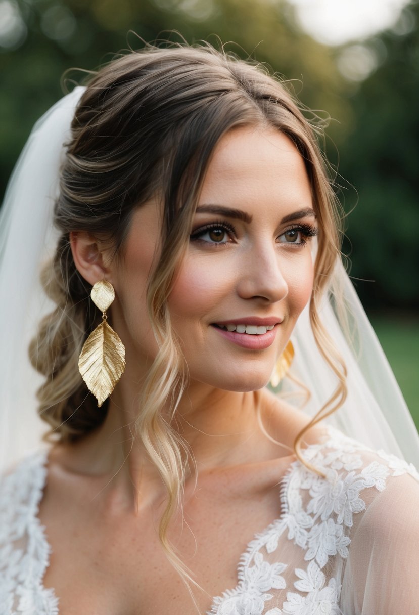 A bride's loose hair frames her face as she wears delicate gold leaf threader earrings on her wedding day