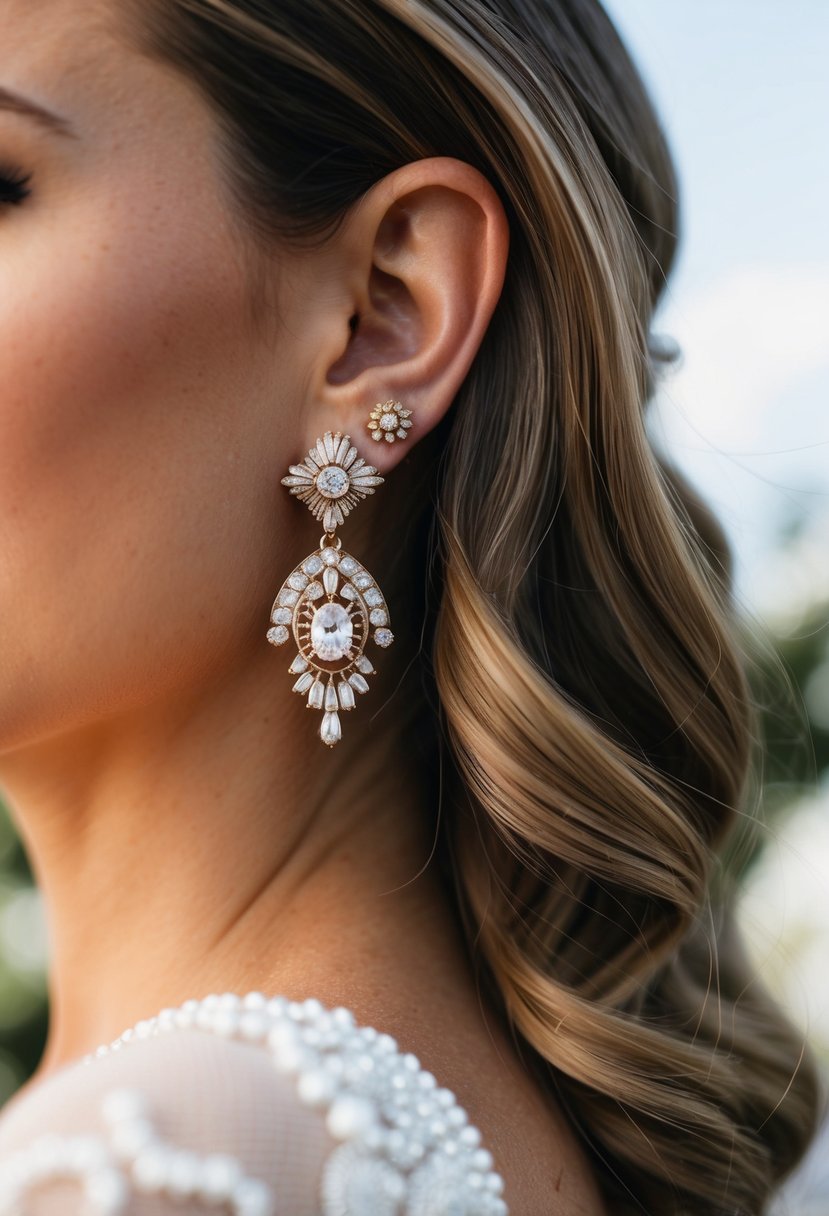 A woman's ear adorned with vintage Art Deco stud earrings, hair flowing down, against a romantic wedding backdrop