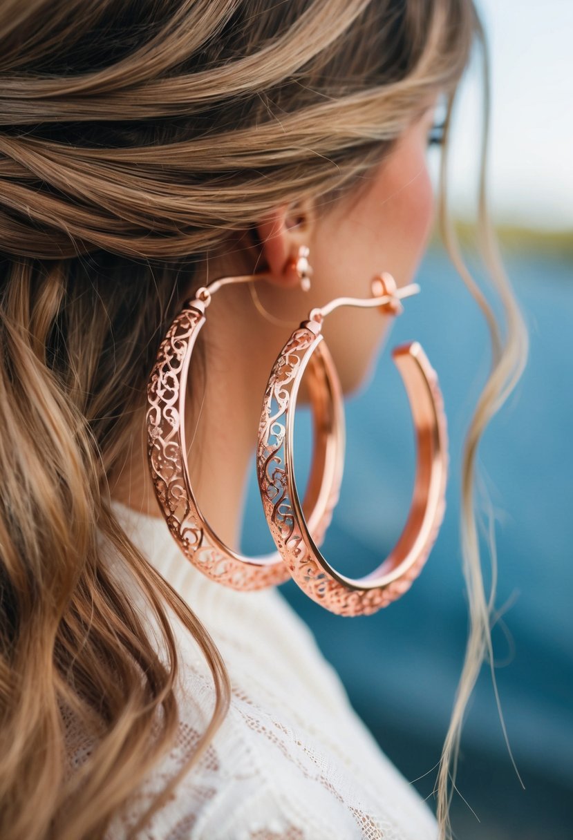 A pair of rose gold filigree hoop earrings dangle elegantly against a backdrop of flowing hair, perfect for a wedding