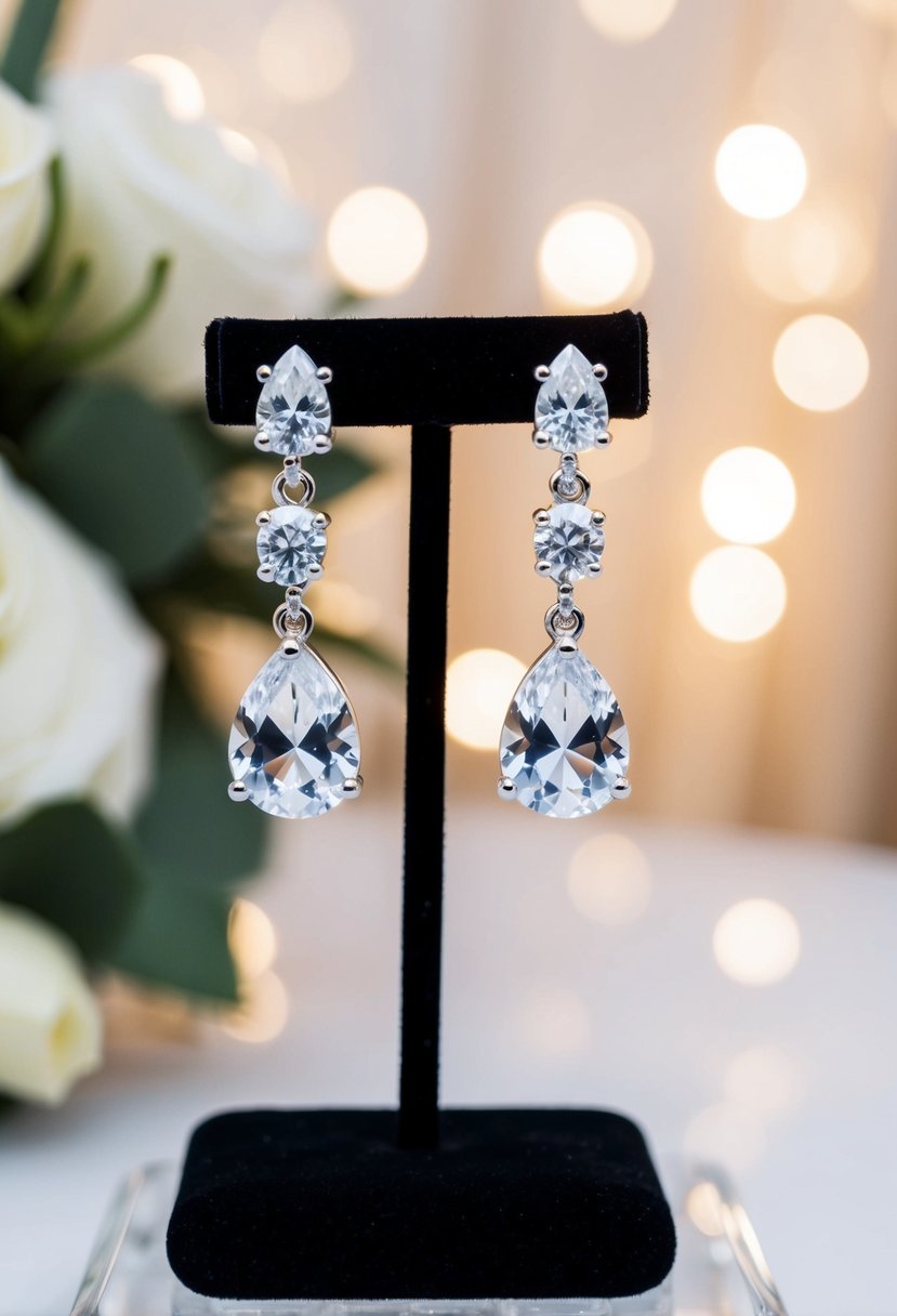 A pair of teardrop cubic zirconia earrings dangle from a display stand, with the background suggesting a romantic wedding setting