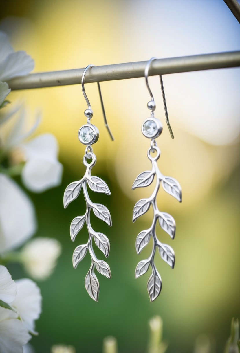 Two silver vine dangle earrings hanging from a delicate display, with a soft focus background suggesting a wedding setting