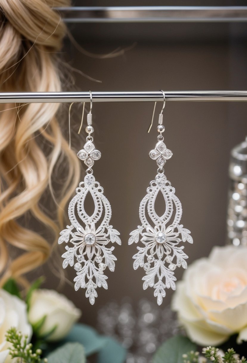 A pair of ornate lace statement earrings hangs delicately from a display, with a background of flowing hair and subtle wedding details