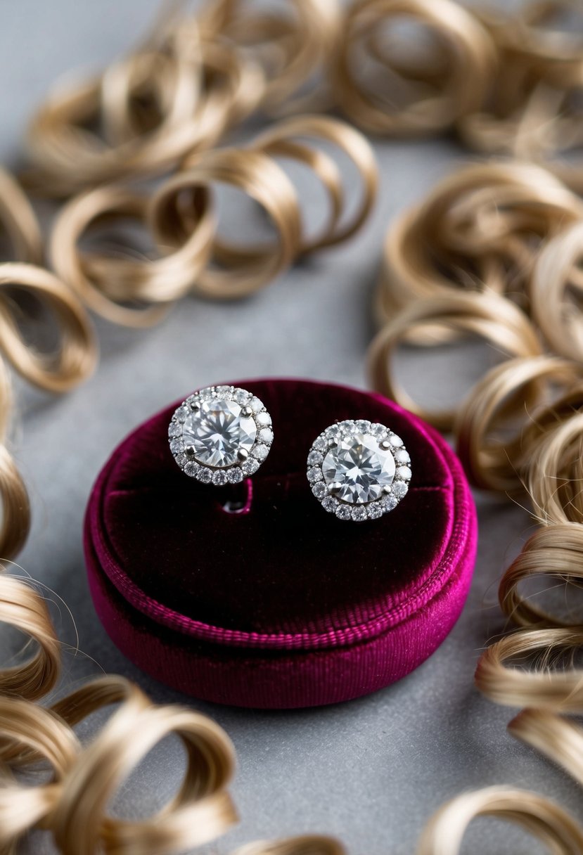 A pair of diamond halo stud earrings displayed on a velvet cushion, with soft curls of hair cascading around them