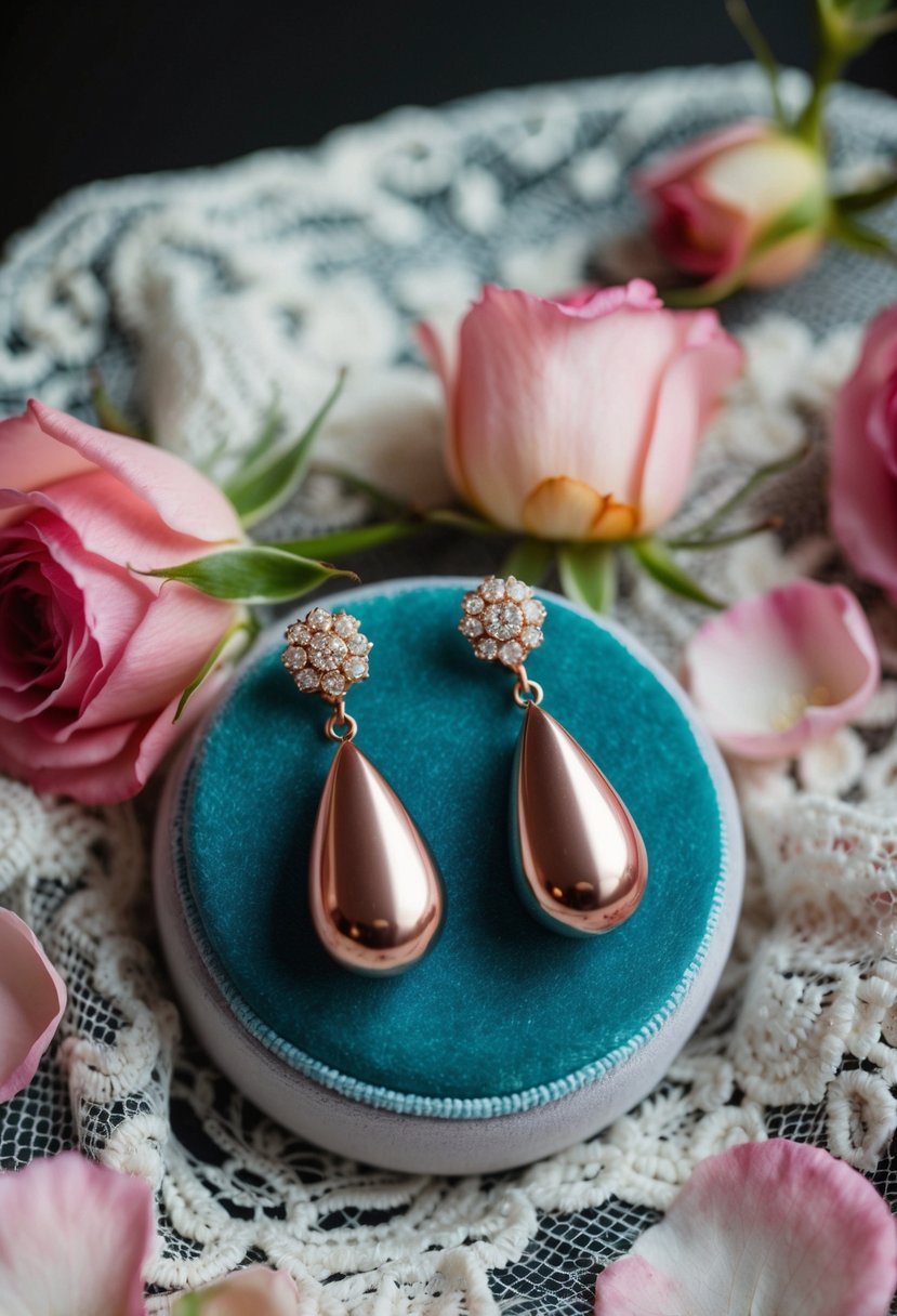 A pair of classic rose gold teardrop earrings displayed on a velvet cushion, surrounded by delicate lace and fresh rose petals