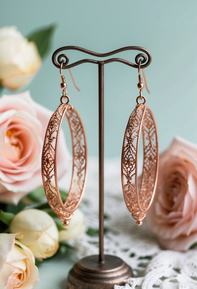 A pair of intricate vintage rose gold filigree hoops suspended from a delicate earring stand, surrounded by soft pastel roses and lace