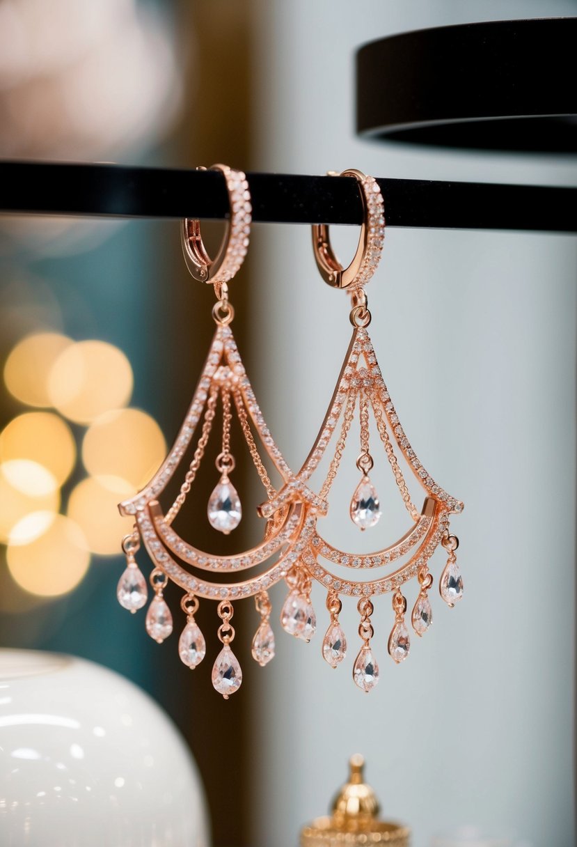 An elegant rose gold chandelier earring dangles from a display, catching the light and shimmering with delicate beauty