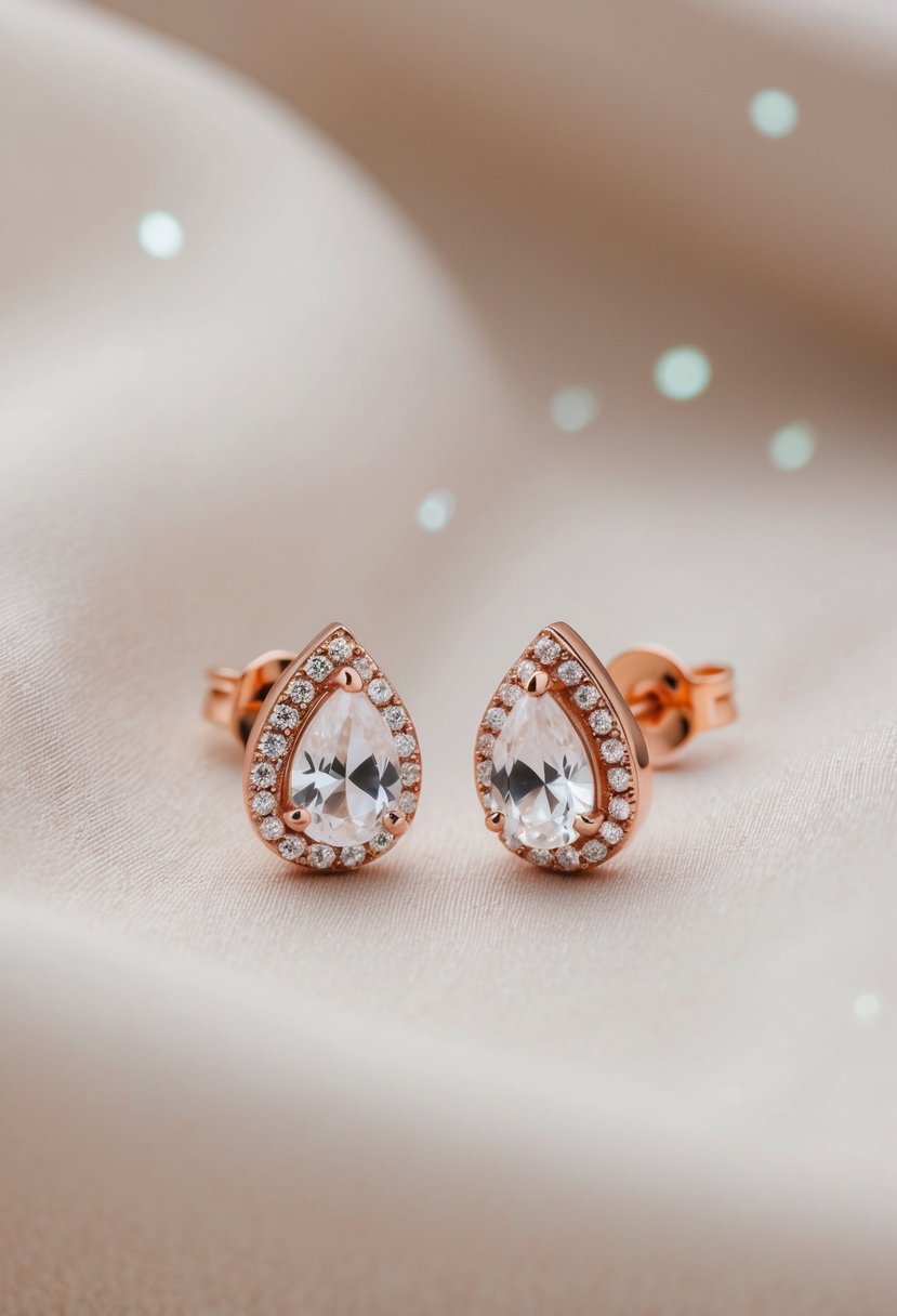 A close-up of pear-cut rose gold studs with sparkling crystals, arranged on a soft, luxurious fabric background