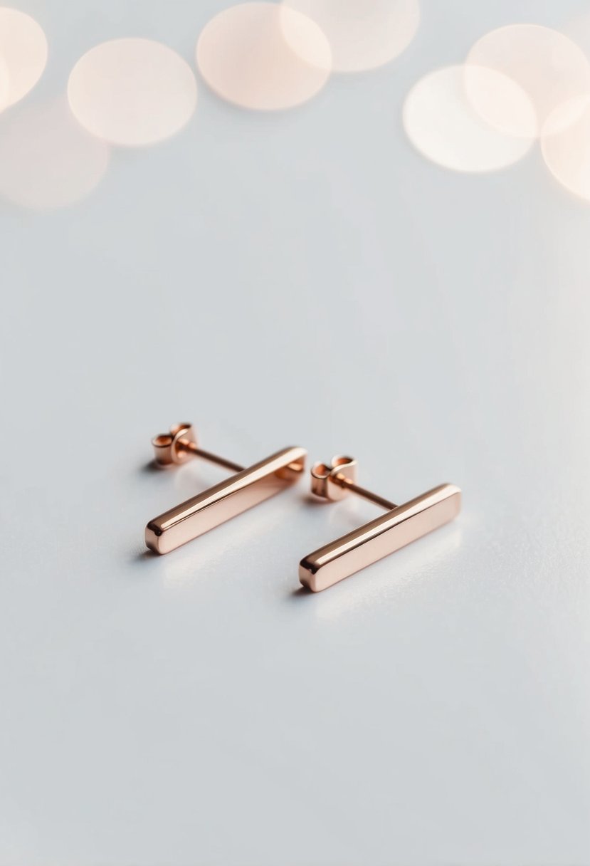 A pair of simple, sleek rose gold bar earrings on a clean, white background