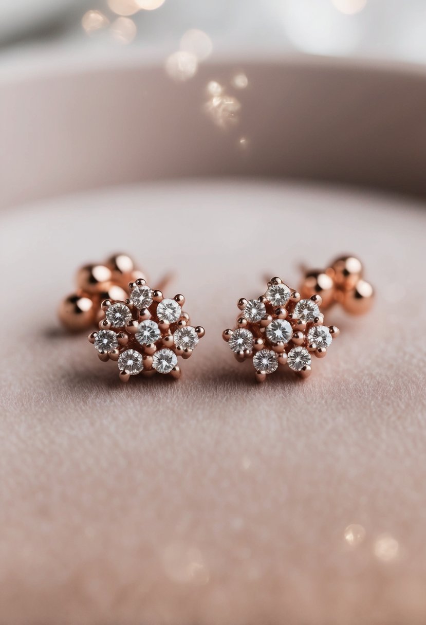 A close-up of rose gold cluster studs, arranged on a velvet background with soft lighting to highlight their intricate design and elegant sparkle