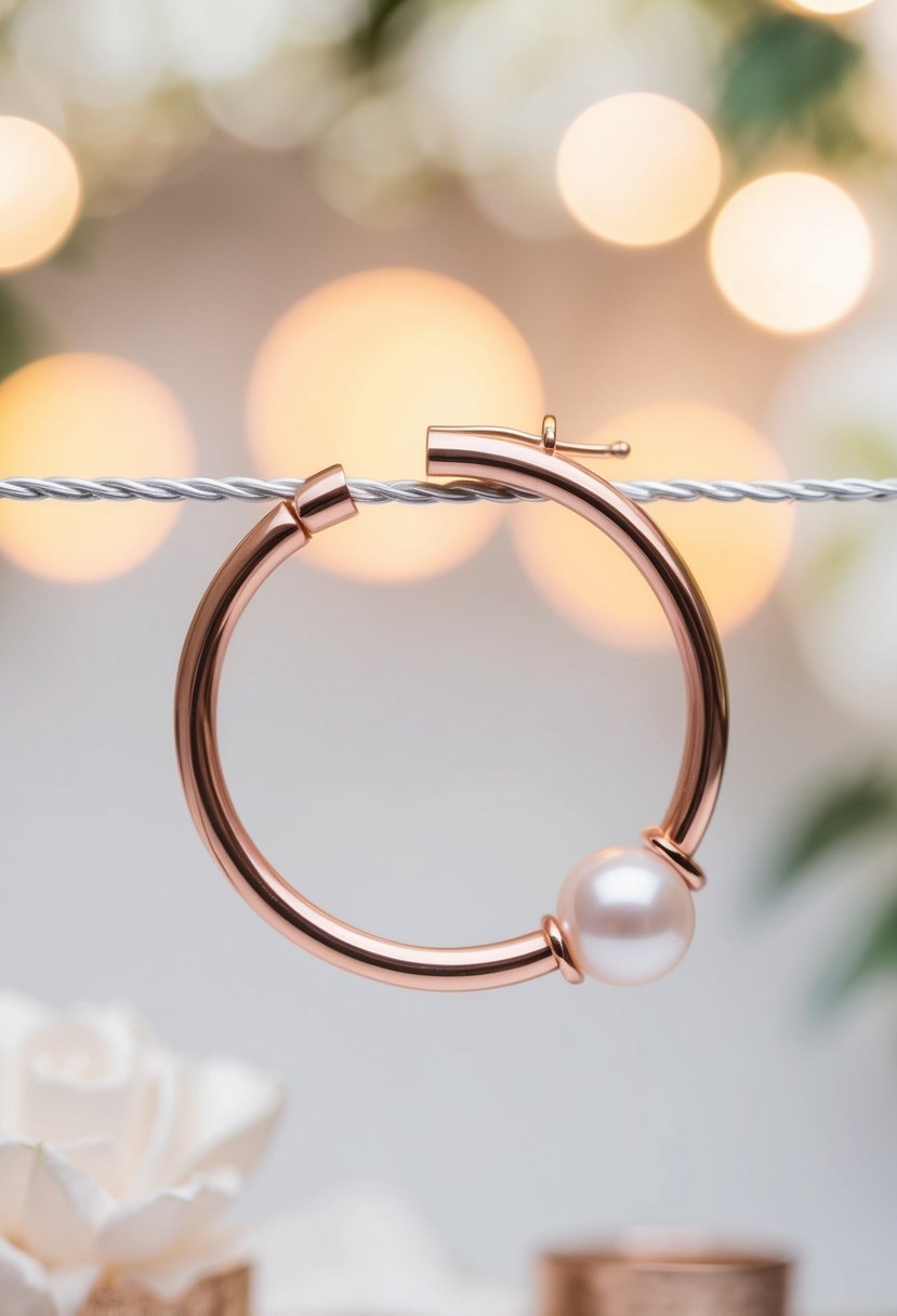 A delicate pearl and rose gold infinity hoop earring, glinting in soft light against a backdrop of elegant wedding décor