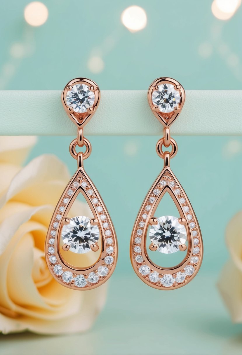 A pair of rose gold drop earrings adorned with sparkling diamonds, displayed against a soft, pastel background for a wedding inspiration illustration