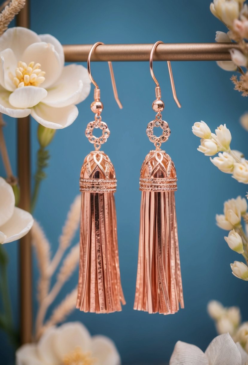 A pair of bohemian rose gold tassel earrings hanging from a display, surrounded by delicate floral decorations