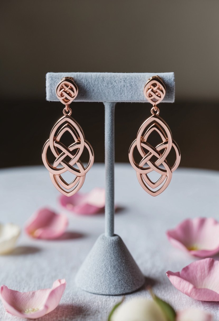 A pair of intricate Celtic knot rose gold earrings displayed on a velvet jewelry stand, surrounded by delicate rose petals