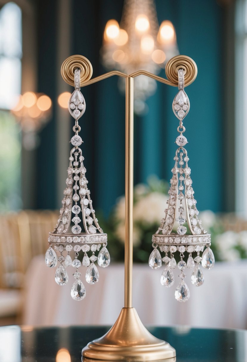 A pair of elegant chandelier earrings dangle from a display stand, catching the light in a luxurious 1920s wedding setting