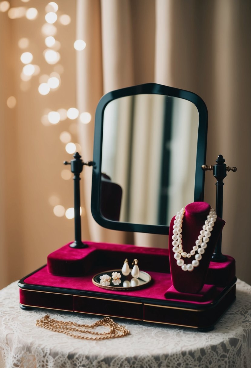 A vintage vanity table with a lace tablecloth, a mirror, and a pair of pearl drop earrings displayed on a velvet jewelry stand