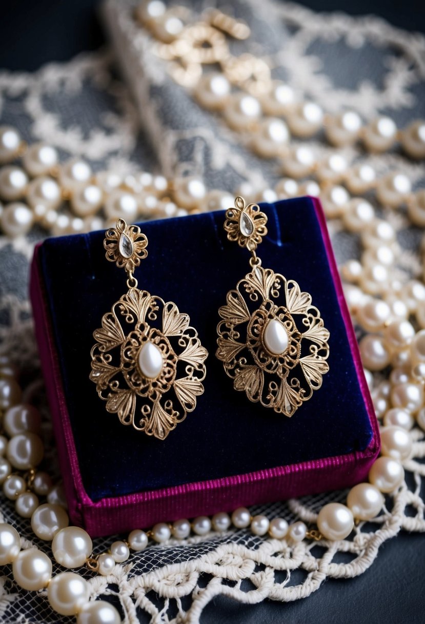 A pair of ornate vintage filigree earrings displayed on a velvet cushion, surrounded by delicate lace and pearls