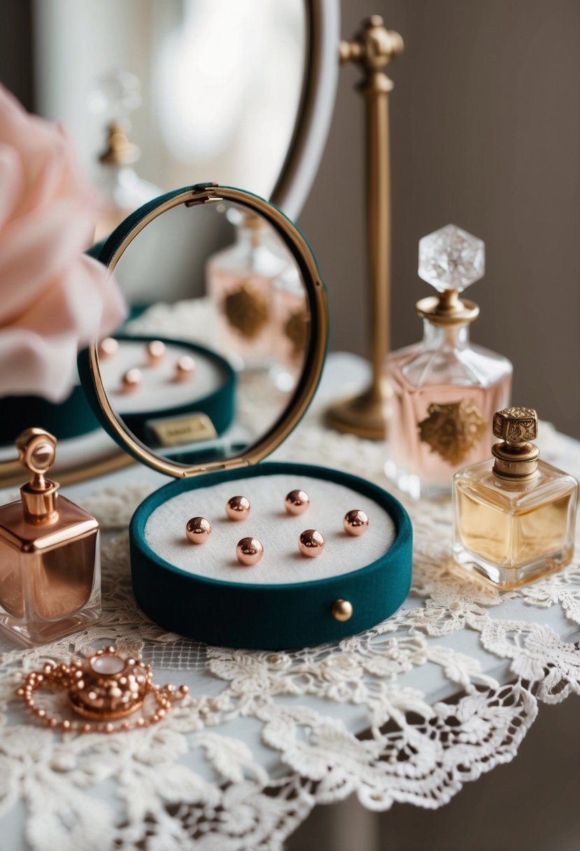 A vintage vanity table with a display of rose gold stud earrings, surrounded by delicate lace and antique perfume bottles