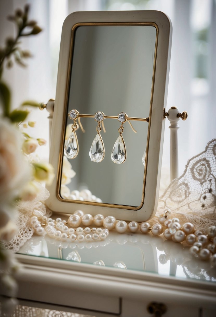 A vintage vanity table with a mirror reflects a pair of sparkling crystal teardrop earrings, surrounded by delicate lace and pearls