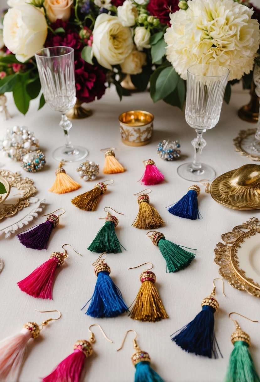 A table scattered with colorful tassel earrings, surrounded by vintage 1920s wedding decor and accessories