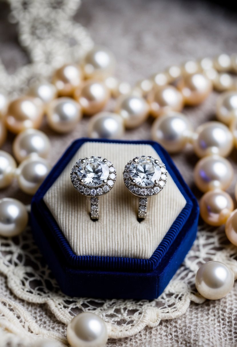 A pair of diamond halo earrings on a velvet jewelry display, surrounded by delicate lace and vintage pearls