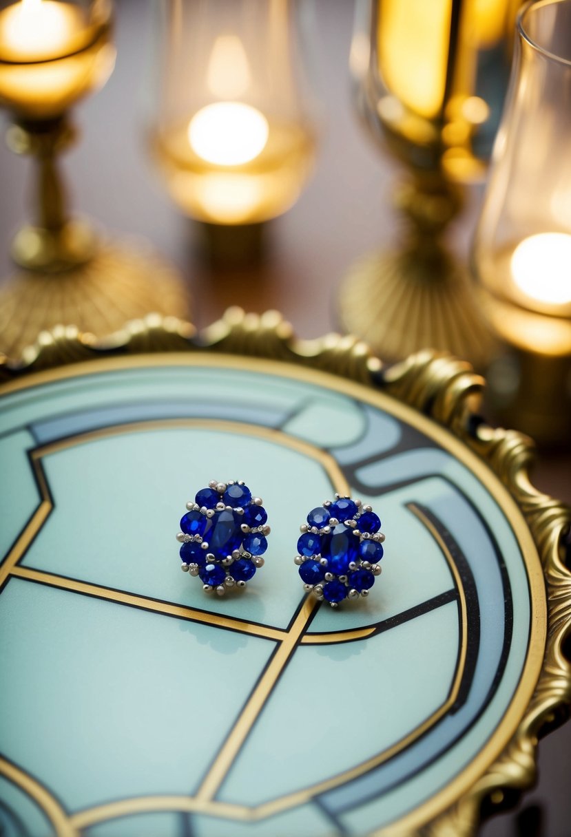 A vintage-inspired table with art deco elements, showcasing a pair of sapphire cluster earrings