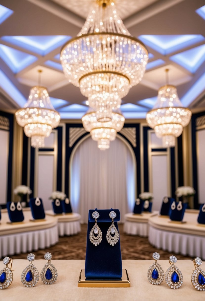 A glamorous ballroom with geometric patterns, sparkling chandeliers, and elegant Art Deco earrings displayed on a velvet-lined jewelry stand