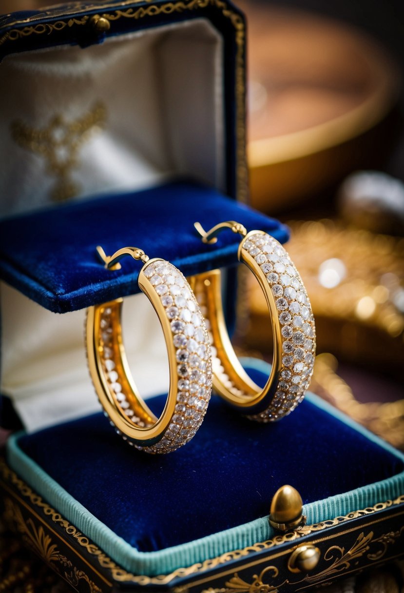 A pair of shimmering gold hoop earrings from the 1920s, displayed on a velvet cushion in an ornate vintage jewelry box