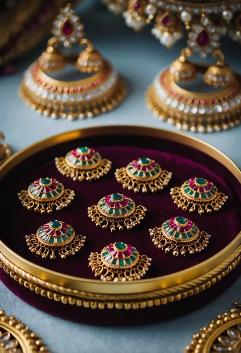 Colorful Kundan jhumkas arranged on a velvet jewelry tray with intricate Indian wedding motifs in the background