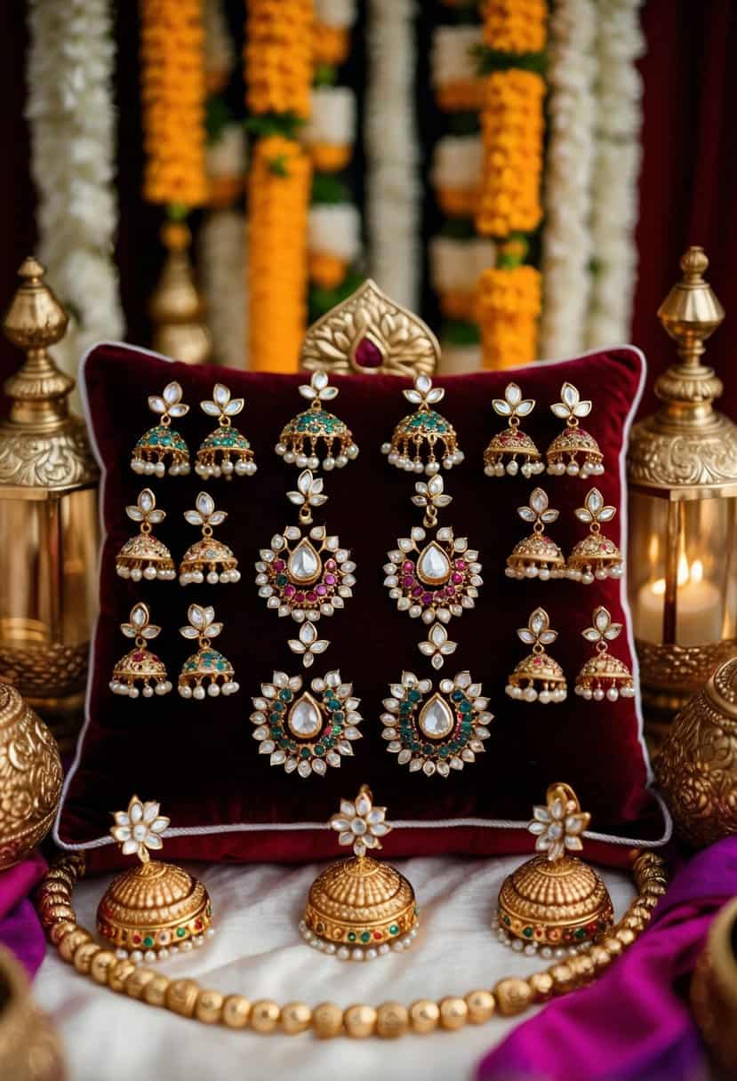 A vibrant display of Polki earrings arranged on a velvet cushion, surrounded by traditional Indian wedding decor