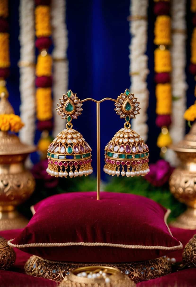 A pair of intricate Meenakari Chandbalis earrings displayed on a velvet cushion, surrounded by traditional Indian wedding decor