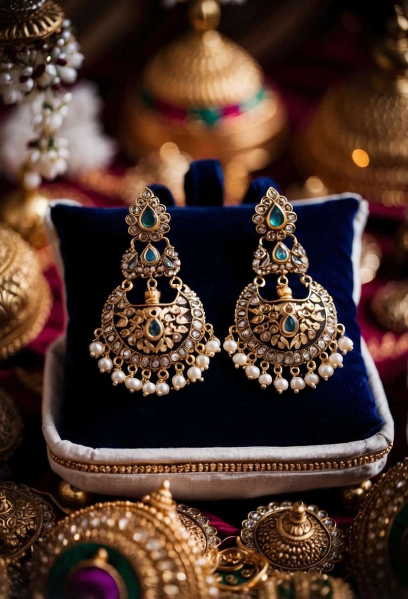 A pair of ornate temple earrings displayed on a velvet cushion, surrounded by intricate Indian wedding decorations