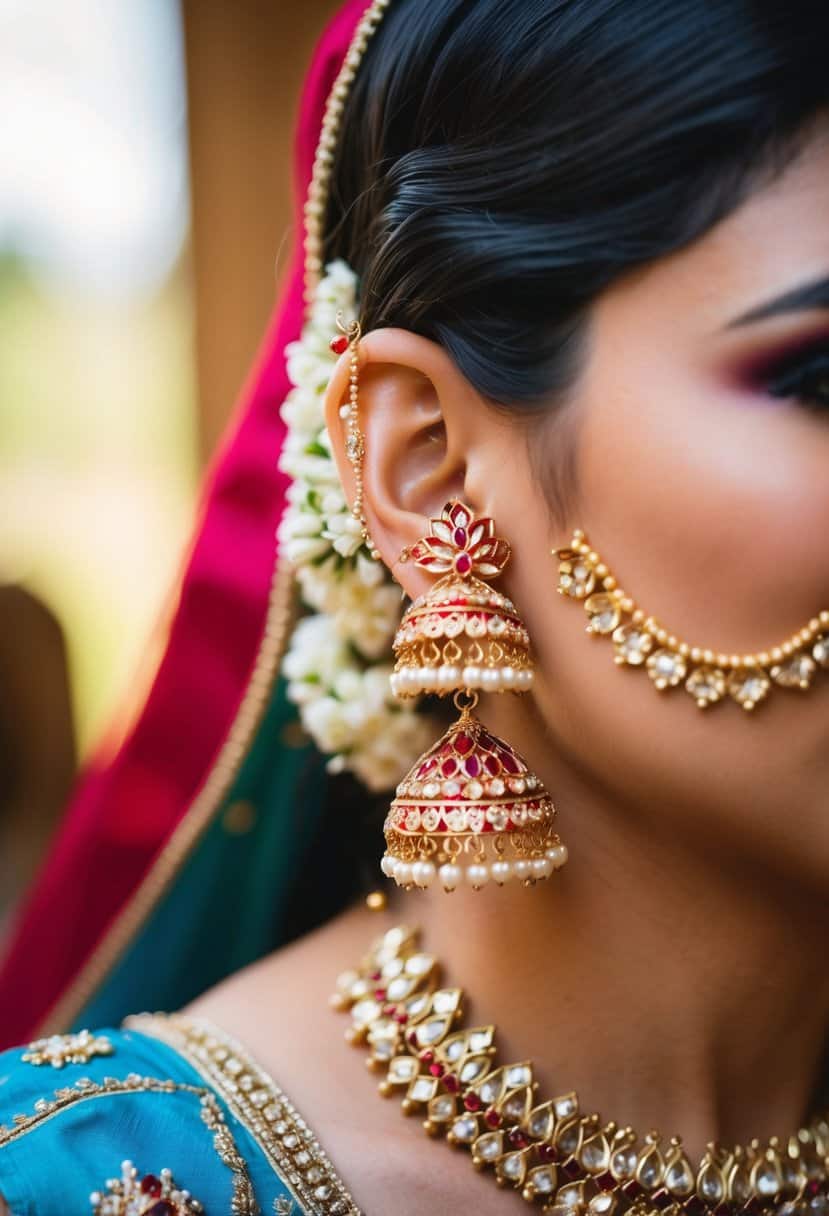 A beautifully adorned Indian bride's ear with intricate Jadau earrings