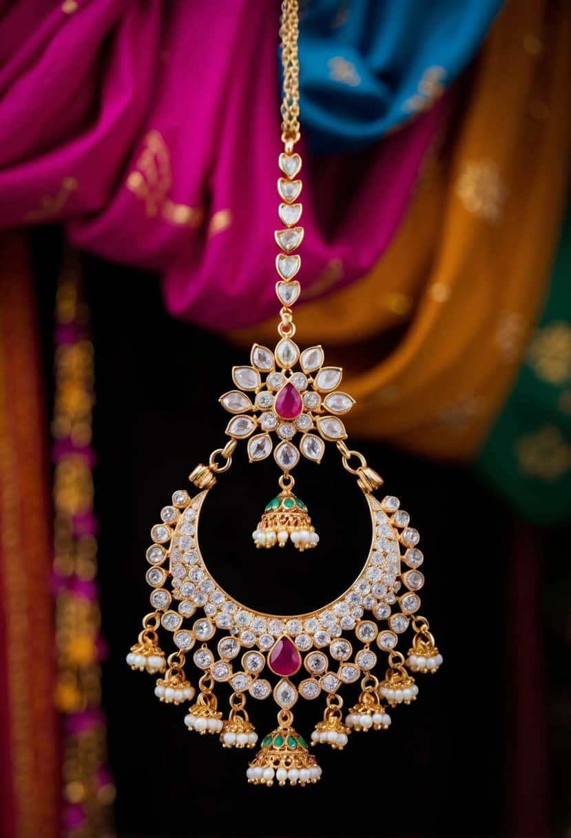 A traditional Indian maang tikka earring suspended from a delicate chain, adorned with intricate details and sparkling gemstones, set against a backdrop of vibrant colors and rich fabrics