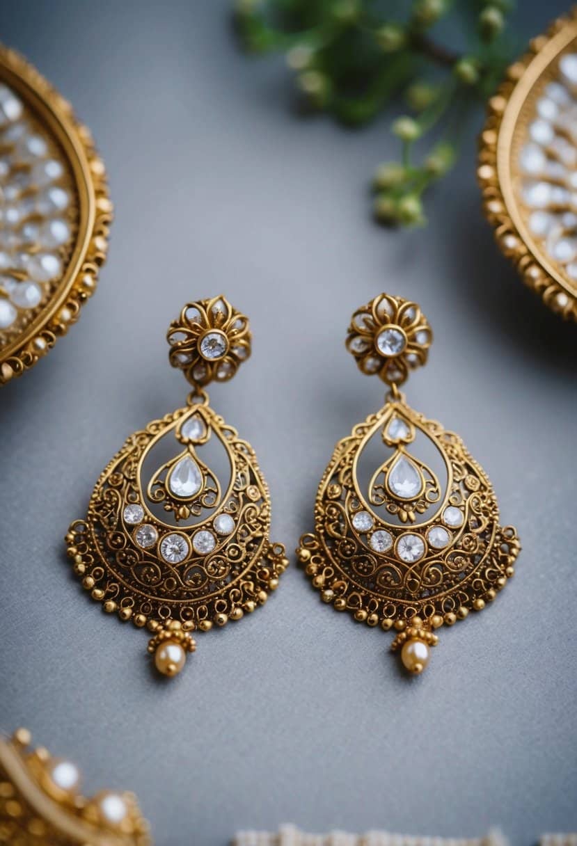 A pair of intricate antique gold earrings, adorned with delicate filigree and sparkling gemstones, inspired by traditional Indian wedding jewelry