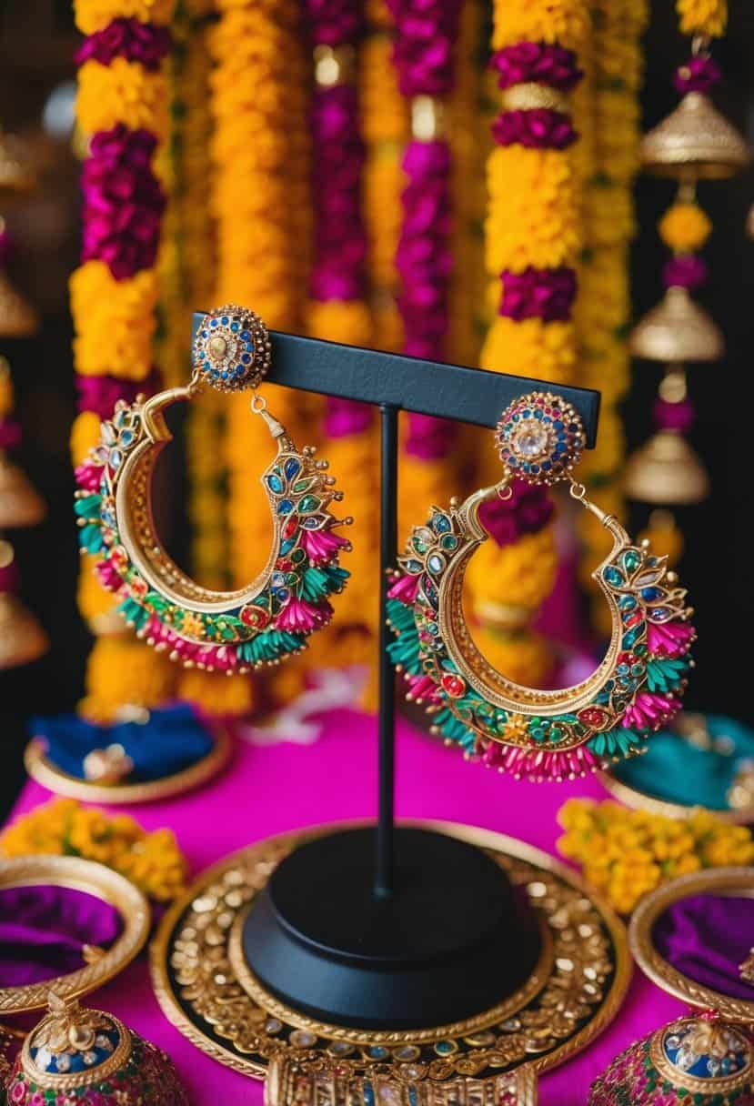 A colorful display of intricate Bali hoop earrings, surrounded by vibrant Indian wedding decor