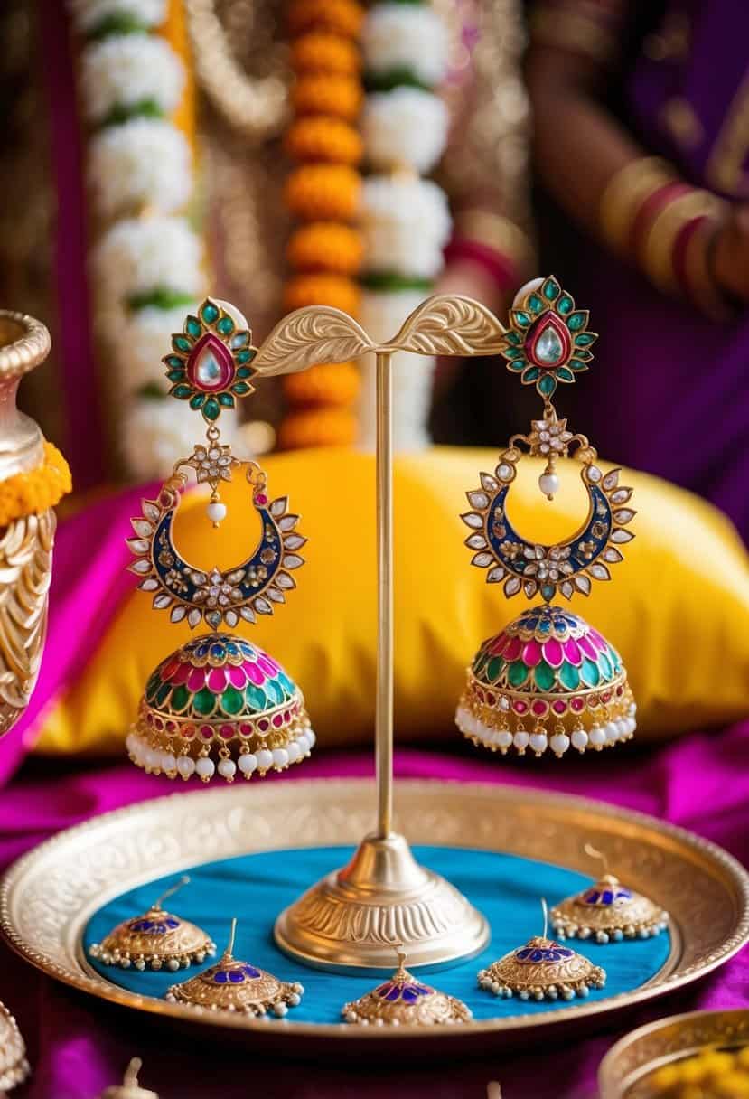 A vibrant Indian wedding scene with ornate Mattha Patti earrings displayed on a decorative tray. Rich colors and intricate designs