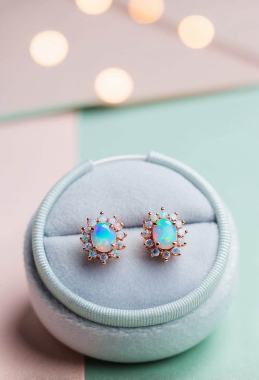 A pair of rose gold opal stud earrings displayed on a white velvet cushion against a soft, pastel background