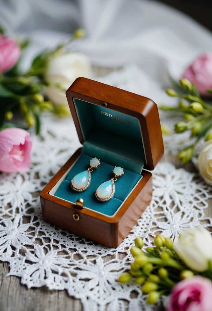 A vintage wooden jewelry box with opal drop earrings inside, surrounded by delicate lace and floral accents