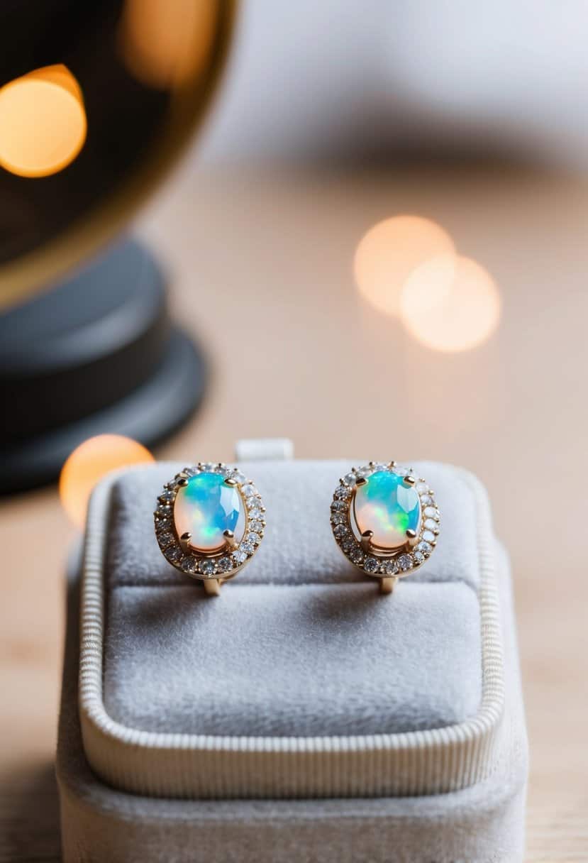 Two white gold halo opal earrings displayed on a velvet cushion under soft lighting