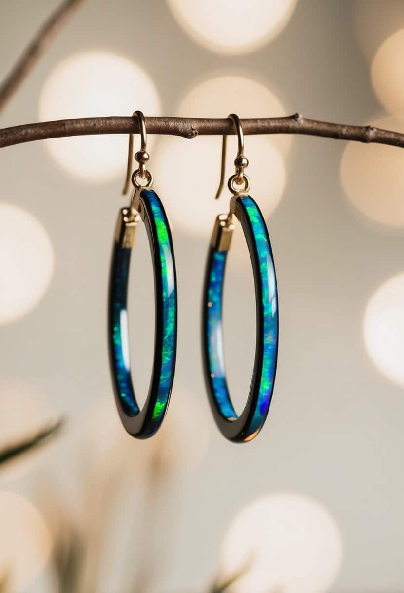 A pair of Australian Black Opal hoops suspended in a soft, ethereal light, showcasing their iridescent colors and elegant design